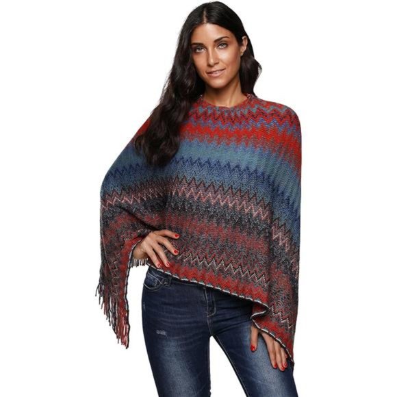 Women's Zig-Zag Knit Tassel Fringed Pullover Poncho Sweater Cape Shawl Wrap - Picture 4 of 7